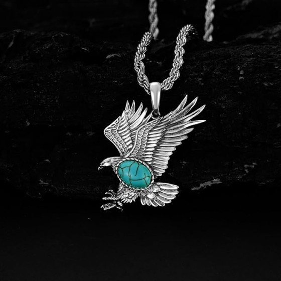 Eagle Necklace for Men 925 Sterling Silver Real Gemstone Vintage Hawk Pendant Western Viking Animal Jewelry Gifts for Father