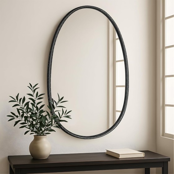 24"x36" Black Textured Metal Oval Wall Mirror, Organic Pebble Shape, Modern Industrial Decorative Mirror for Bathroom, Entryway & Living Room