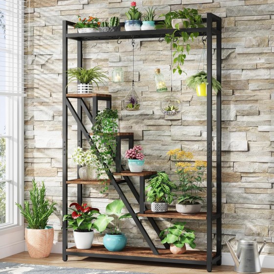 Tribesigns 70.9" Tall Indoor Plant Stand, 7-Tier Large Plant Shelf with 5 S-Hooks, Industrial Wood Flower Stand Display Rack for Indoor, Garden, Balcony, Living Room